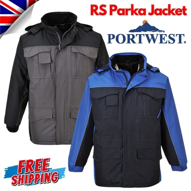 PORTWEST RipStop Giacca Da Lavoro Trapuntata Impermeabile Cappuccio Cappotto