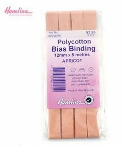 Hemline Polycotton Bias Binding, Hem Facing Tape, 12mm x 5m APRICOT - MADE IN NZ