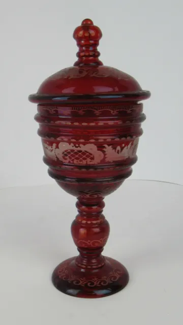 Large Bohemian Flashed Ruby Cut To Clear Glass Chalice And Lid, Country Scenes