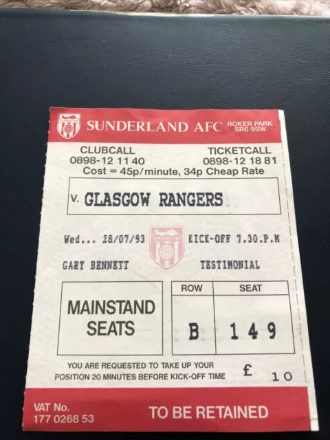 Sunderland V Rangers Gary Bennett Testimonial 28th Jul 1993…Match Ticket