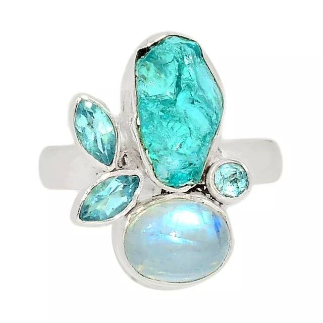 Natural Neon Blue Apatite, Blue Topaz & Moonstone 925 Silver Ring s.9 CR8692