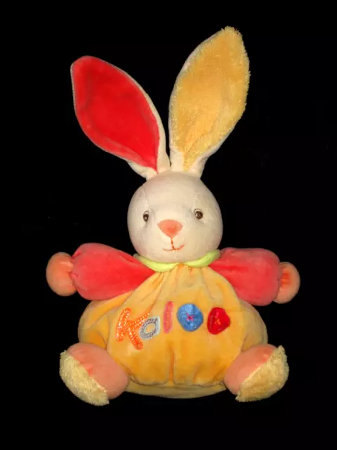 Doudou boule Patapouf Lapin beige orange jaune saumon rose Kaloo 17 cm bouton PM