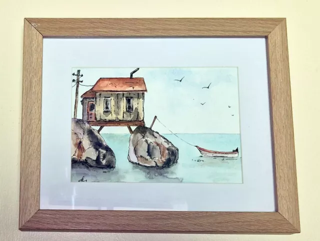 The Old Fishing Shack & Boat * Beautiful Original Watercolour Painting Framed