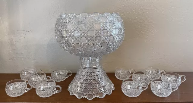 American Brilliant Cut Glass Punch Bowl & Cups, Possibly J. Hoare Co / Corning