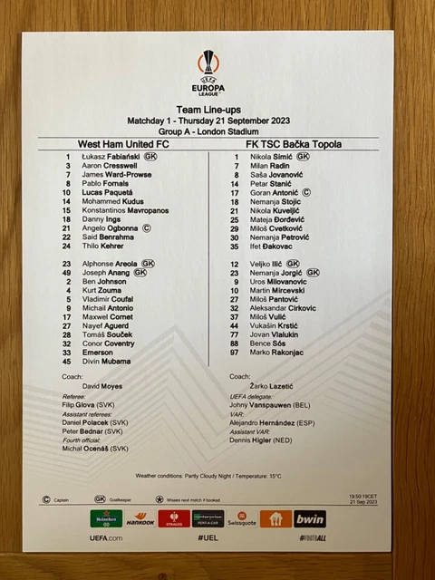 WEST HAM UNITED 20232024 Season Home & Away Game UEL Team & Tactical