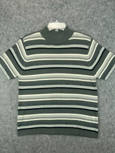 Studio Works Shirt Womens Large Gray Stripe Metallic Top Blouse Short Sleeve 1
