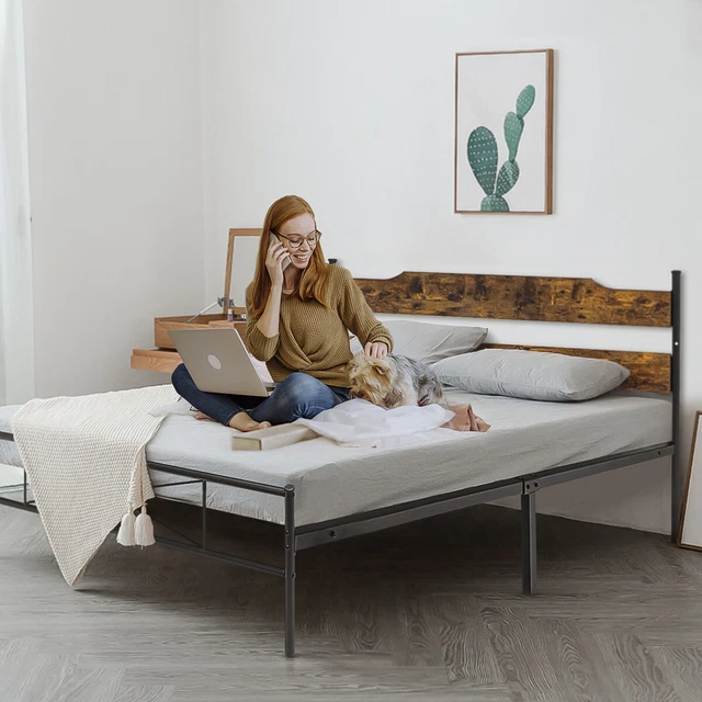 Queen Metal Platform Bed Frame with Wood Headboard Footboard Vintage Industrial