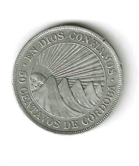 Nicaragua 1912 50 Centavos ~ Cordoba & Sun Over Mountains ~ Km15 ~ Nice Coin