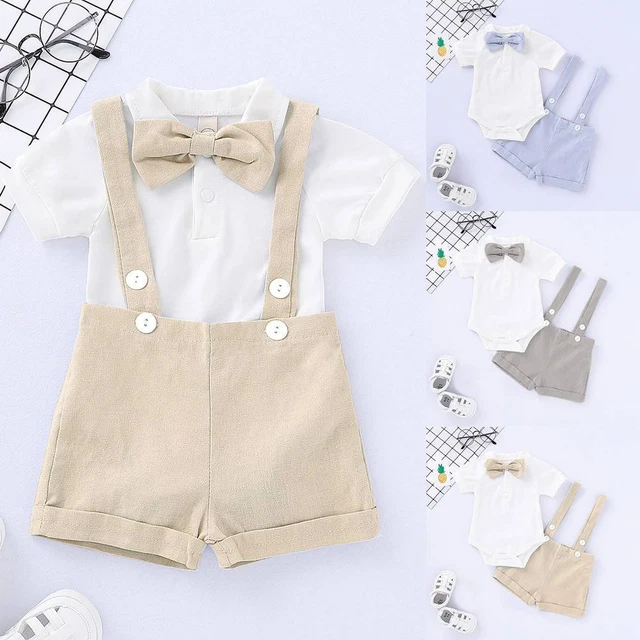 Baby Jungen Gentleman Outfit Kurzarm Bowtie Top Strampler + Hosen Träger Shorts