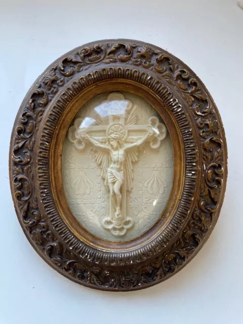 Antique Plaster Frame Dome Convex Glass Crucifix Jesus #946