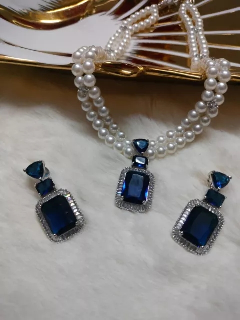 Nuevo conjunto de collar de cristal y perlas de color azul con pendientes a...