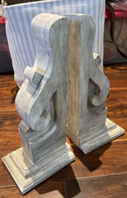 Chunky White Washed Wooden Corbels, Large, Two, Distressed Hand Carved 15.5”