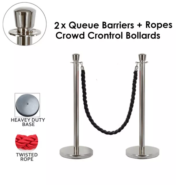 2x Queue Barriers + Ropes Crowd Control Bollards Stands (Silver WITH Black ROPE)