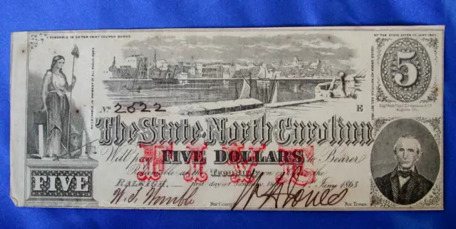 1863 $5 The State of NORTH CAROLINA NOTE - CIVIL WAR Confederate Money Obsolete