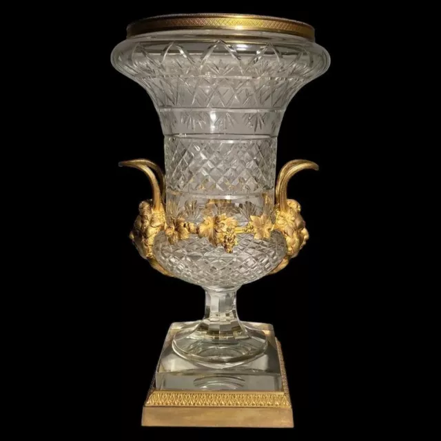 Baccarat Cut crystal vasiform vase with gilt bronze hand chased mounts.