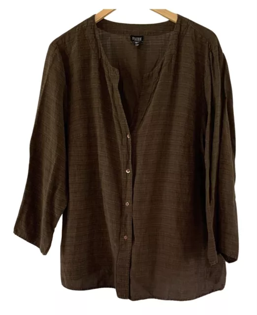 Eileen Fisher Linen Blend 3/4 Sleeve Brown Button Front Top Shirt Womens Size 1X