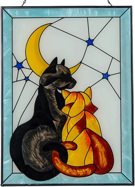 Stained Glass Window Hanging, Cat Stained Glass Panels with Metal Chain Hand-Pai