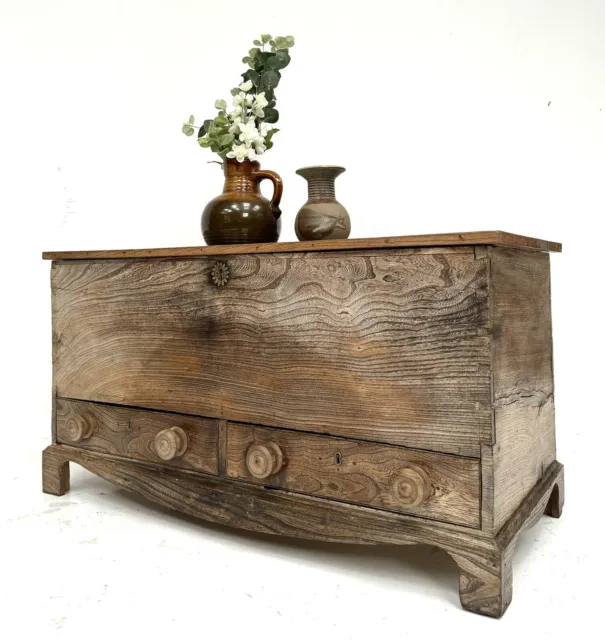 Antique Solid Elm Mule Chest Trunk Coffer Sideboard Drawers Toy Blanket Box