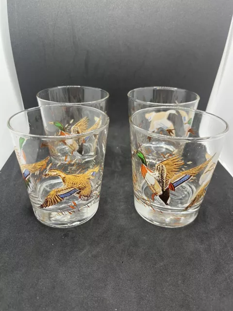 Vintage Libbey Glass Mallard Duck Hunting Lodge Bar Whiskey Low Ball Glass Set 4