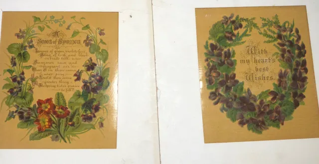 2 pc.VICTORIAN Card poem Song of Spring Ornate floral- Violets  MOURNING -Matted