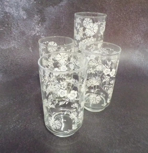 Libby White Flower Design 12 oz Drinking Glasses Set of 4