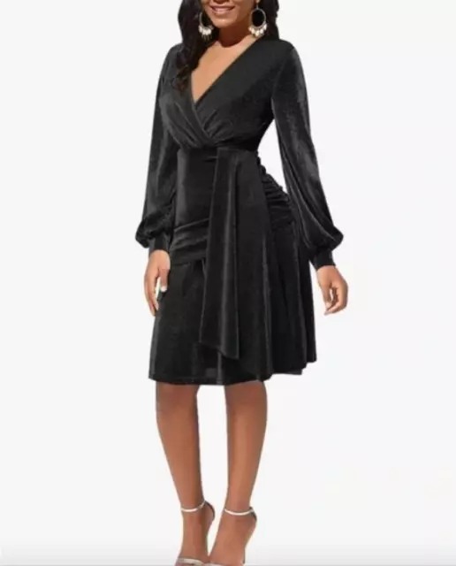 Black Cocktail Evening V-Neck Long Sleeve Knee Length Fit & Flare Dress