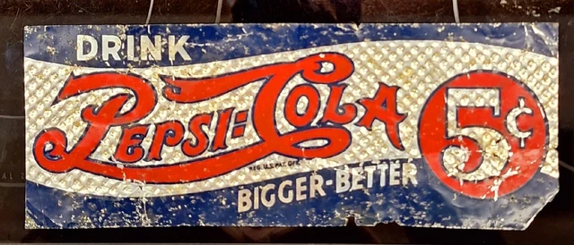 Authentic ORIGINAL 1940's PEPSI=COLA  5 CENT Aluminum Dimpled Double=Dot Sign