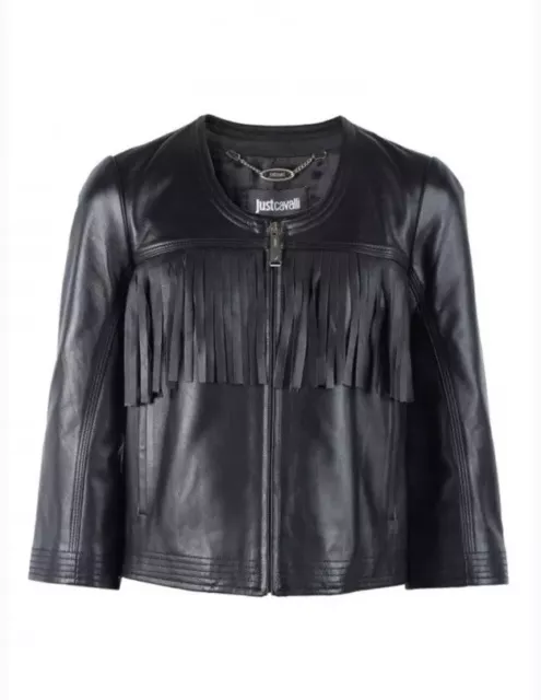 Just Cavalli By Roberto Cavalli Women Black Fring Leather Jacket 3/4 Sleeve 38