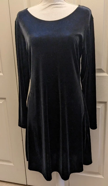 Vintage 90's Dress Sz Medium Black Velvet Midi Long Sleeve Scoop Neck