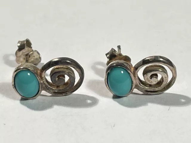 Bijoux Ancienne Paire de Boucles D'Oreilles avec Turquoise Argent (10-33/A0)