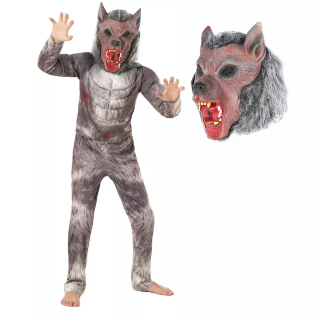 Kids Deluxe Werewolf Costume Boys Halloween Fancy Dress incl Muscle Top + Mask