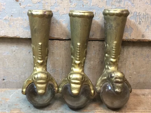 3 Vtg Antique Gold Painted Cast Iron Eagle Claw Ball Foot Victorian Hardware