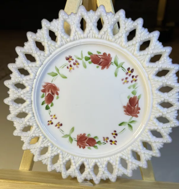 Vintage Milk Glass Plate by Kemple Glass 6" Hand Painted With Reticulated Edge