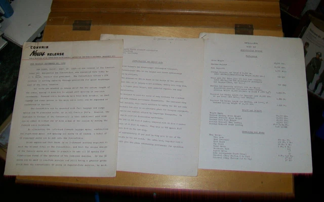 Convair Liner 340 Design Data Press Release 1951 Convertible Press Release 1952