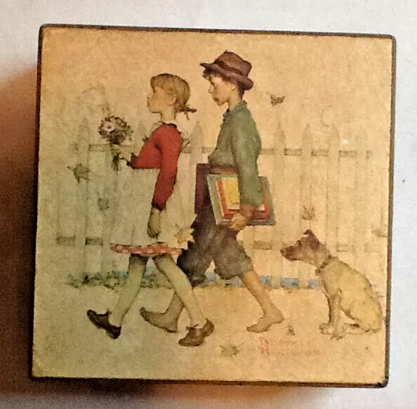 VINTAGE WOODEN MUSIC BOX 4.5 X 4.5" (NORMAN ROCKWELL ART) JAPAN 032924c