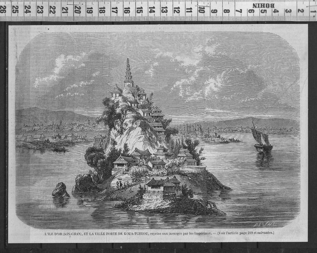 G322 / Gravure 1858 /   L Ile D Or / Kin-Chan / Et La Ville Forte De Koua-Tcheou