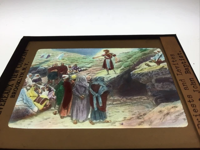 Antique Color Glass Magic Lantern Bible Slide PRIESTS LEVITES TALKING TO ST JOHN