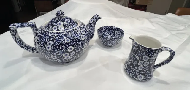 Stunning Blue Calico Burleigh 3-Piece Tea Set, reknown Staffordshire pottery