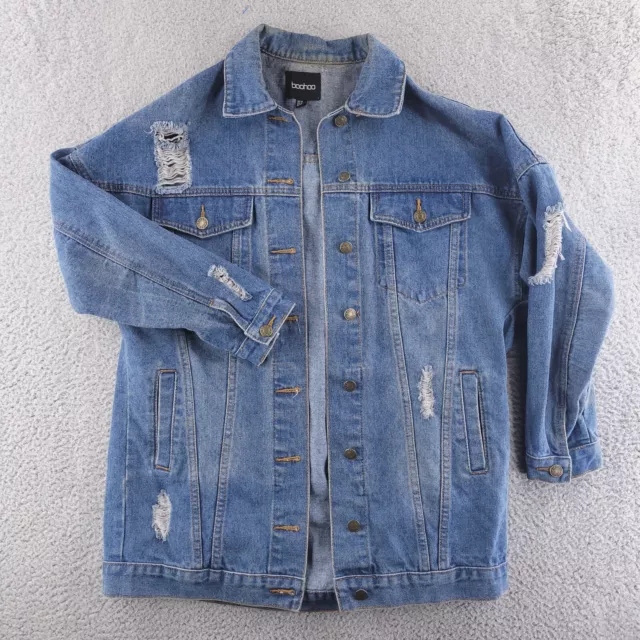 Boohoo Jean Jacket Womens 12 Blue Distressed Riped Grunge Long Denim