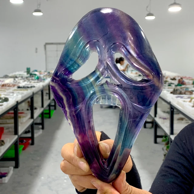 439GRare natural colour Fluorite crystal hand-carved Ghost Mask cure