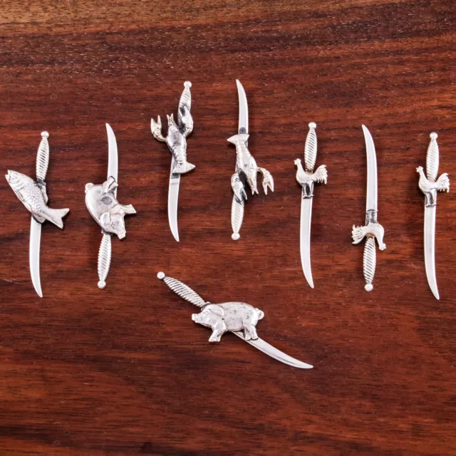 8 Figural Sterling Silver Hors D'oeuvres Picks Pigs,Lobsters,Chickens On Swords