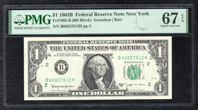 Fr. 1902-B 1963-B $1 Frn Federal Reserve Note New York, Ny Pmg Gem Unc-67Epq (E)