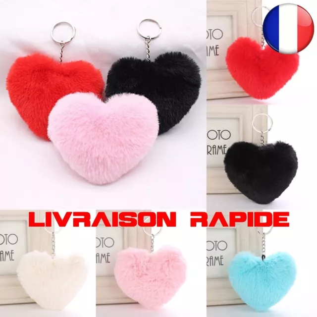 Porte-clés Coeur Pompon Fausse Fourrure 9 CM Voiture Sac À Main Idée Cadeau