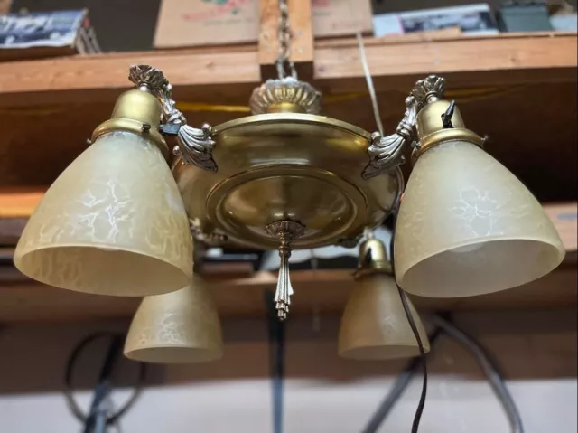 Antique Vintage Light Fixture Brass Four 4 Light Chandelier