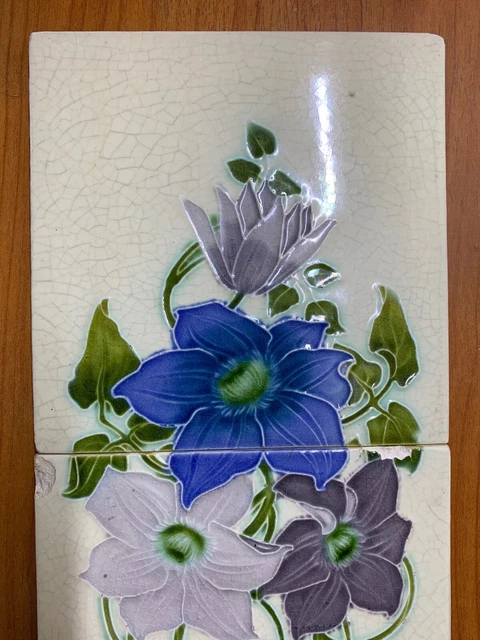 Floral 5 pc Set Tiles Rare England Vintage Antique Art Deco Fireplace Nouveau 2
