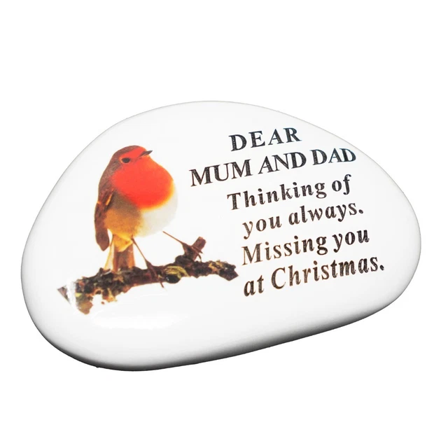 Mum & Dad Christmas Robin Memorial White Plaque Resin Stone Memento Tribute
