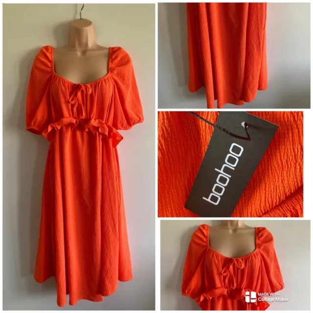 Boohoo Maternity Dress Orange Ruffle Smock Crinkle Summer Ladies Size 16