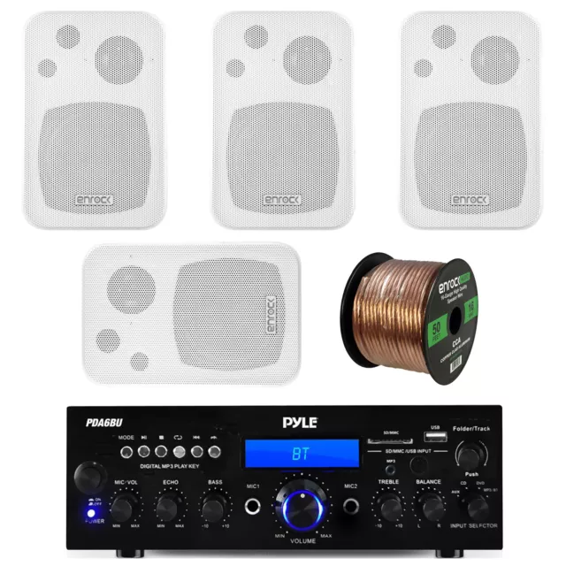 Pyle Bluetooth USB Receiver, White 4"  Enrock In/Outdoor Speakers and Wiring