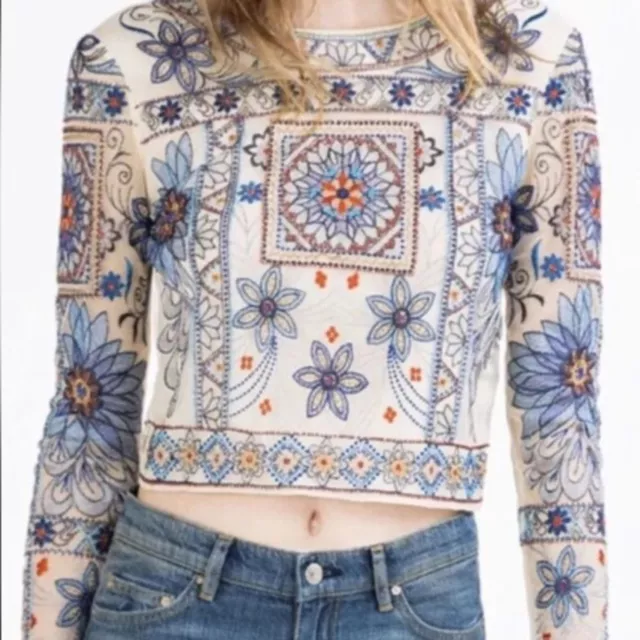 ZARA LIGHT BLUE Knit Top With Floral Embroidery Size M Ref. 6427/002 $49.99  - PicClick
