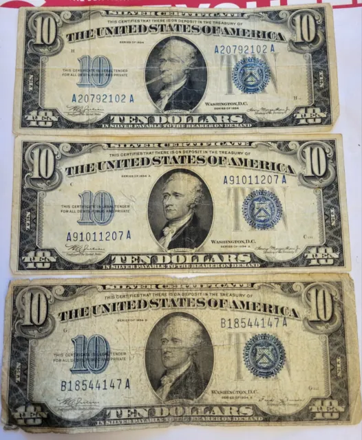 lot of 5 notes 1934,34A,34B,C& D $10 SILVER CERTIFICATE NOTES~~